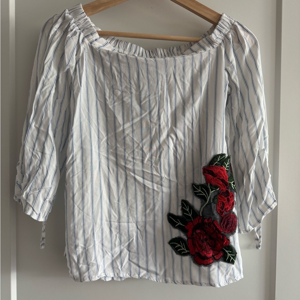 Polly & Esther White and Blue Striped Blouse with Red Floral Detail